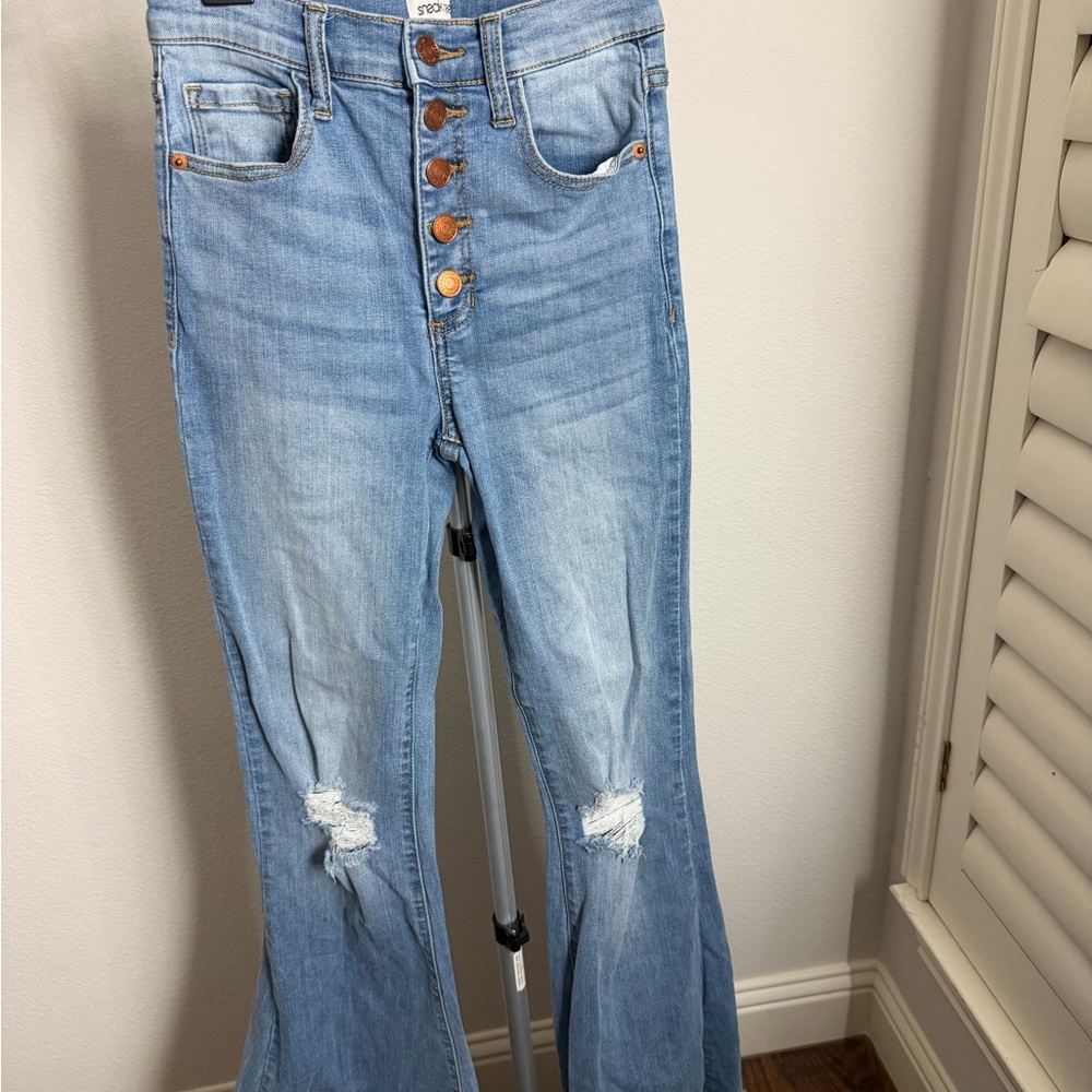 Sneak Peek Light Blue Flare Jeans with Button Detail